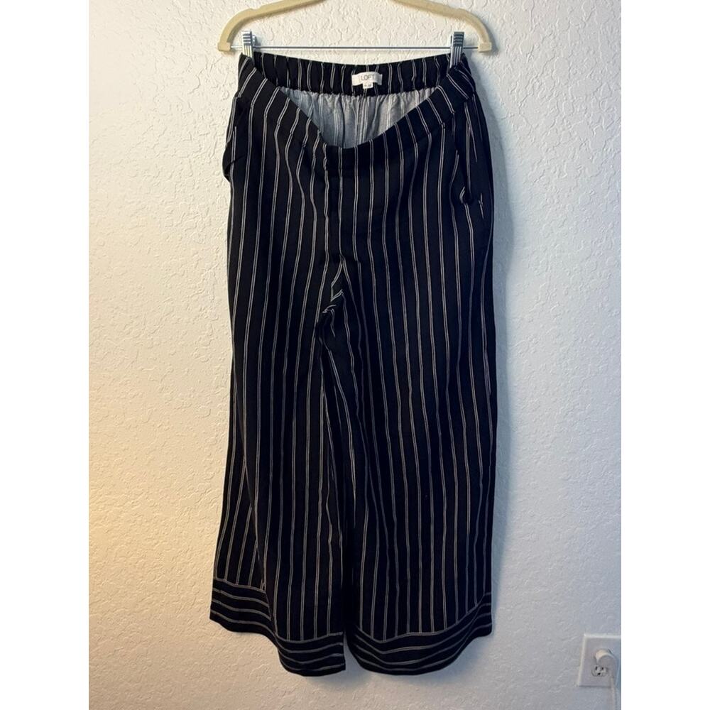 LOFT Black White Pinstripe Wide Leg Palazzo Pants Elastic Waist Size M